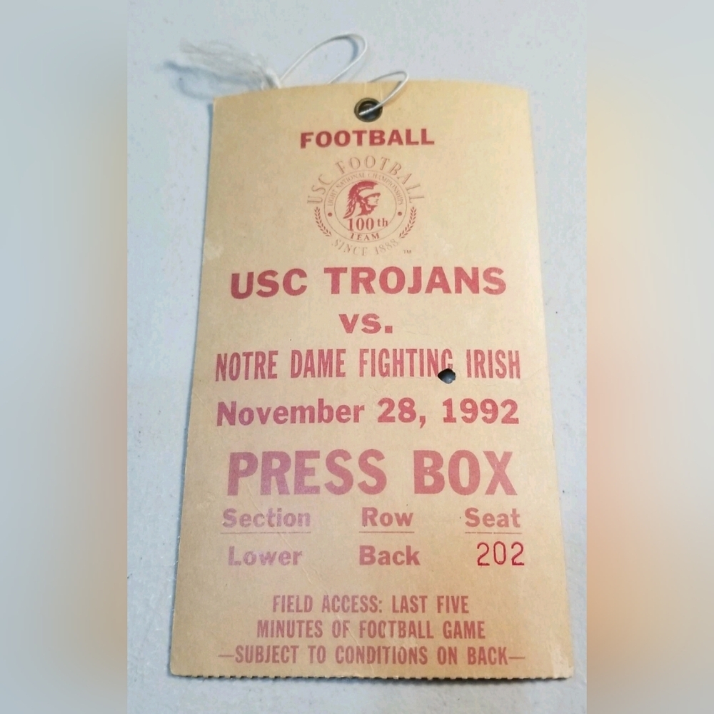 Notre Dame USC Trojans 1992 Football Press Box Pass Rick Mirer Jerome Bettis Vtg